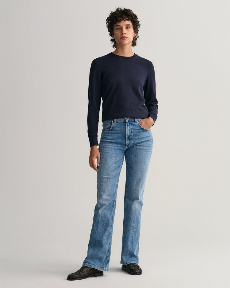 Bawełniany sweter damski z okrągłym kołnierzykiem regular fit granatowy