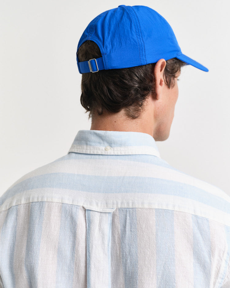 Męska niebieska koszula regular fit w szerokie pasy z mieszanki lnu i bawełny