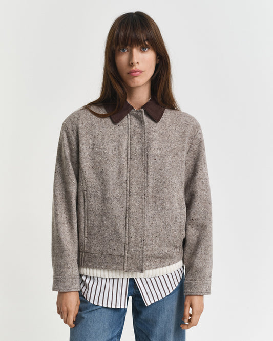 Wełniana melanżowa kurtka damska z klasycznym kołnierzem