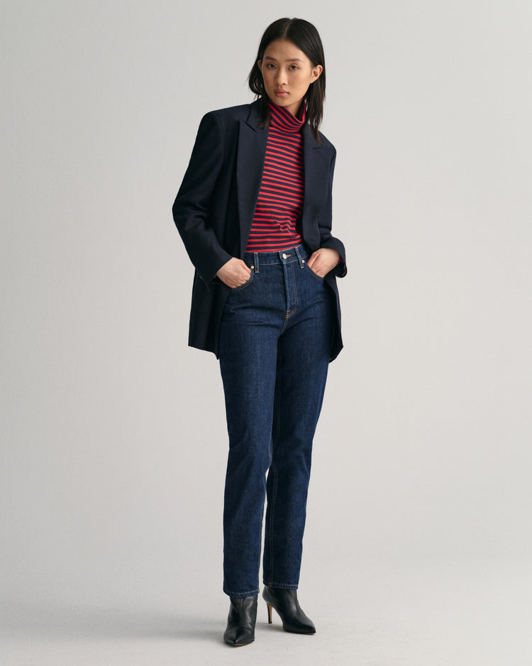 Bawełniane spodnie jeansowe damskie straight fit granatowe