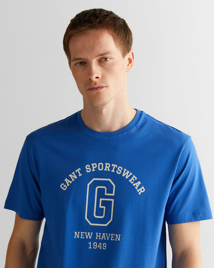 T-shirt męski z nadrukiem okrągły kołnierzyk regular fit niebieski