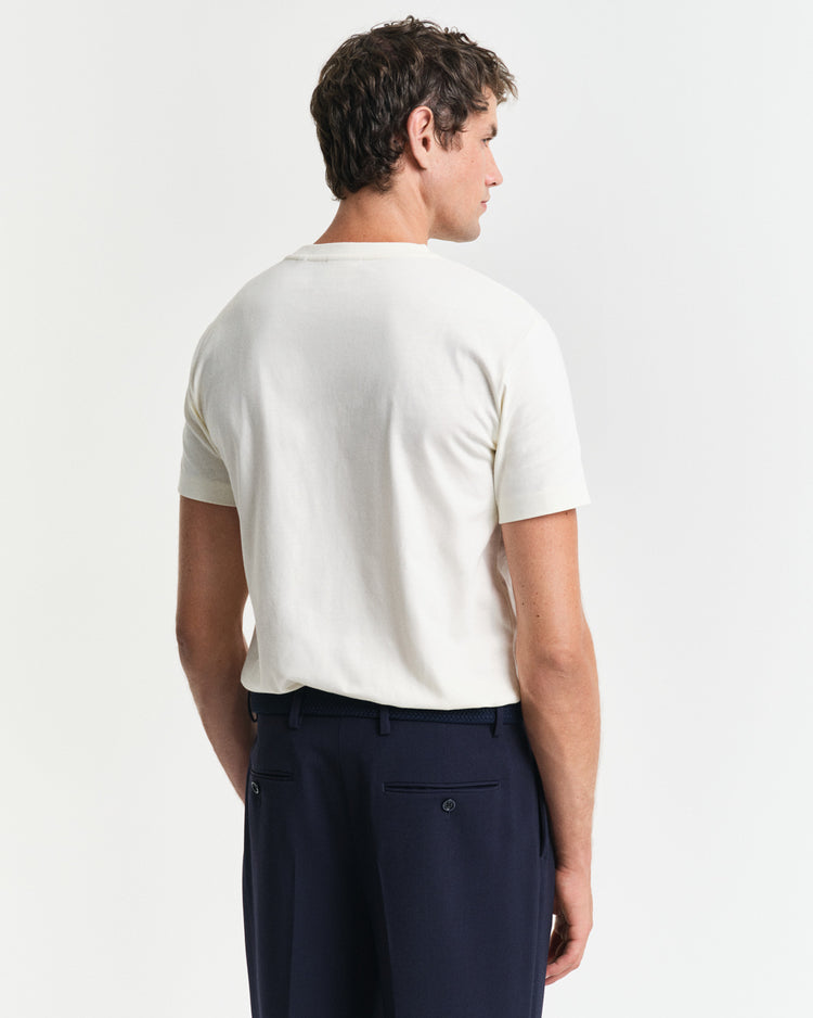 T-shirt męski z nadrukiem okrągły kołnierzyk regular fit kremowy