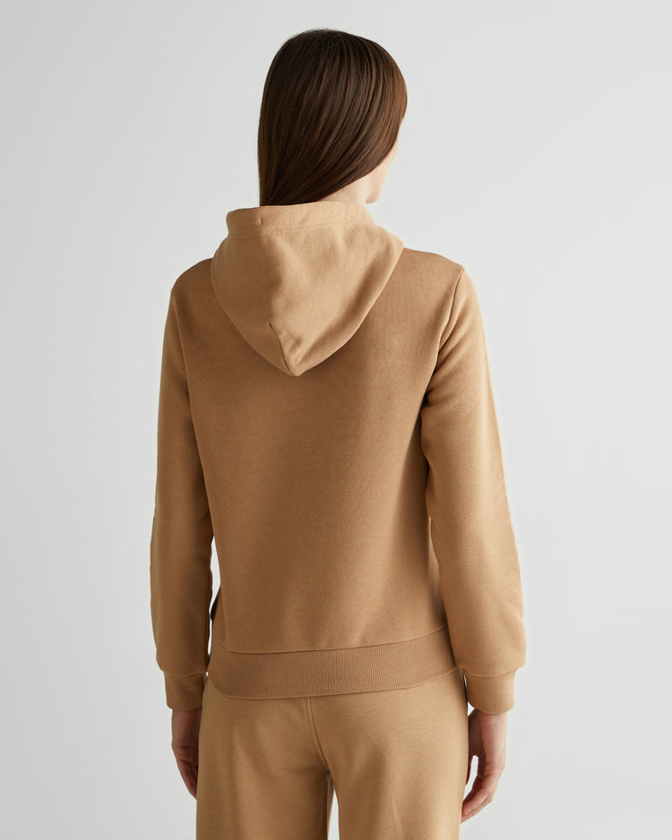 Bluza damska z nadrukiem z kapturem regular fit brązowa