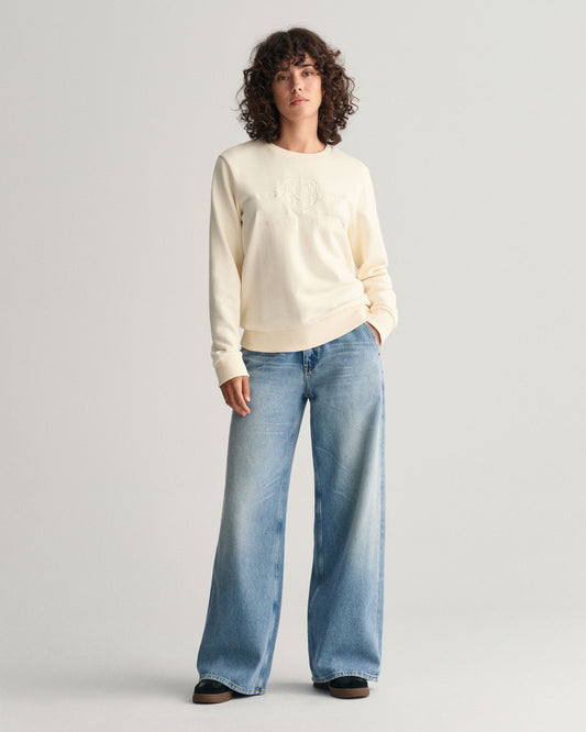 Bluza damska z nadrukiem z okrągłym dekoltem regular fit beżowa