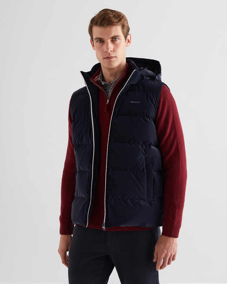 Bezrękawnik męski z nadrukiem z kapturem regular fit granatowy