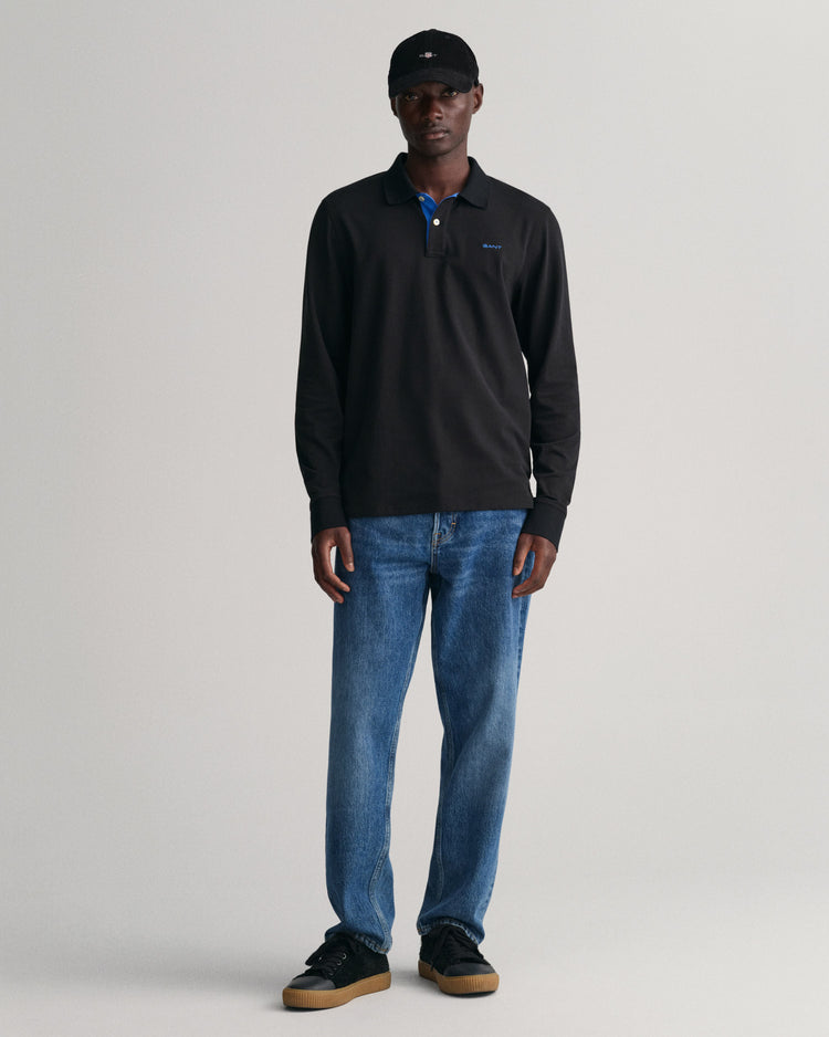 Polo męskie z długim rękawem regular fit czarne