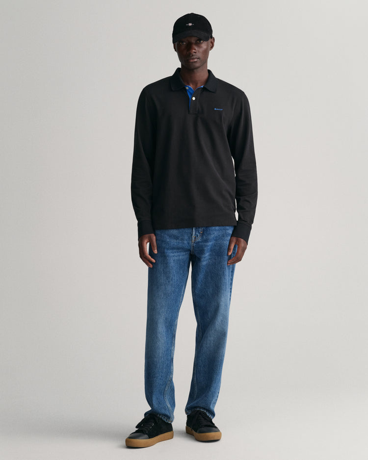 Polo męskie z długim rękawem regular fit czarne