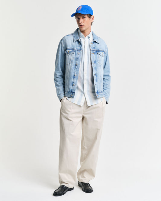 Męska niebieska koszula regular fit w szerokie pasy z mieszanki lnu i bawełny