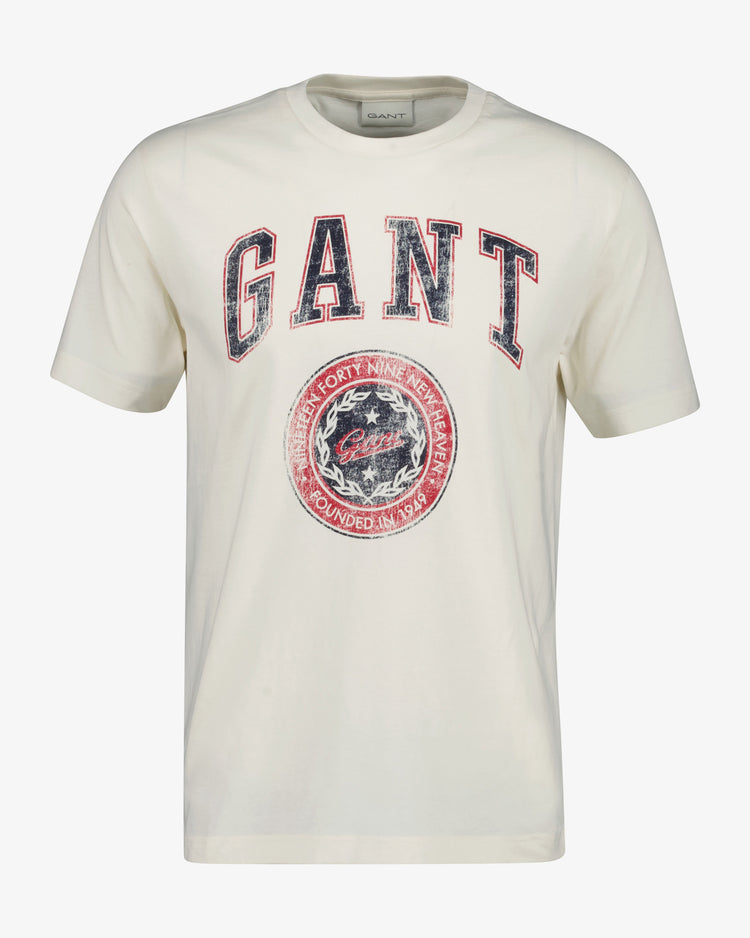 T-shirt męski z nadrukiem regular fit kremowy