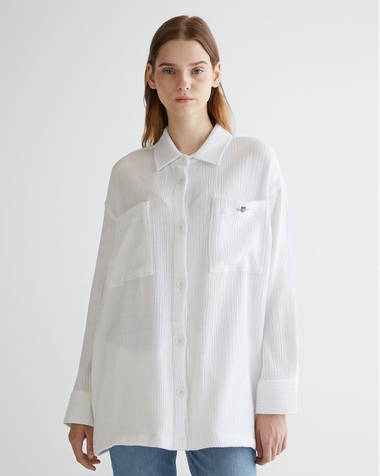 Koszula damska w paski z długim rękawem oversize fit biała