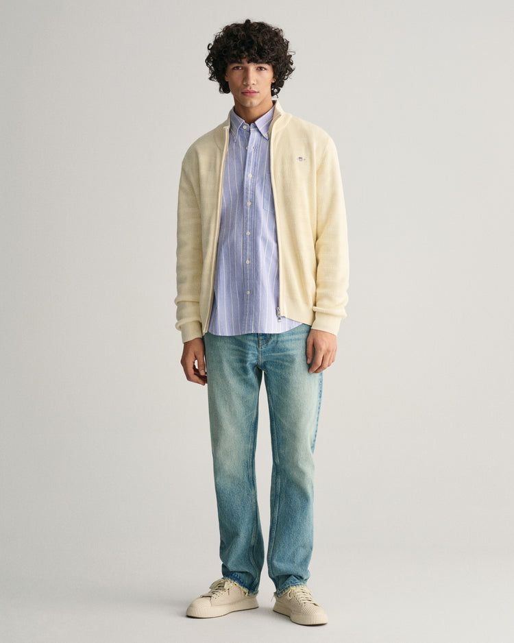 Bawełniany sweter rozpinany męski z nadrukiem i zamkiem regular fit