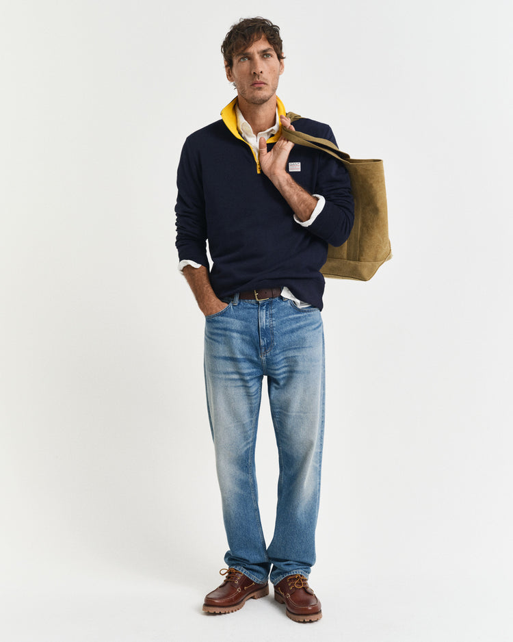 Bluza męska z nadrukiem z zamkiem do połowy regular fit granatowa