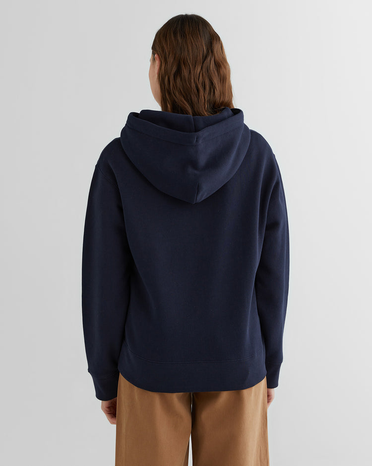 Bawełniana bluza damska z nadrukiem z kapturem loose fit granatowa