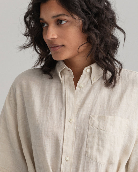 Damska lniana sukienka koszulowa chambray