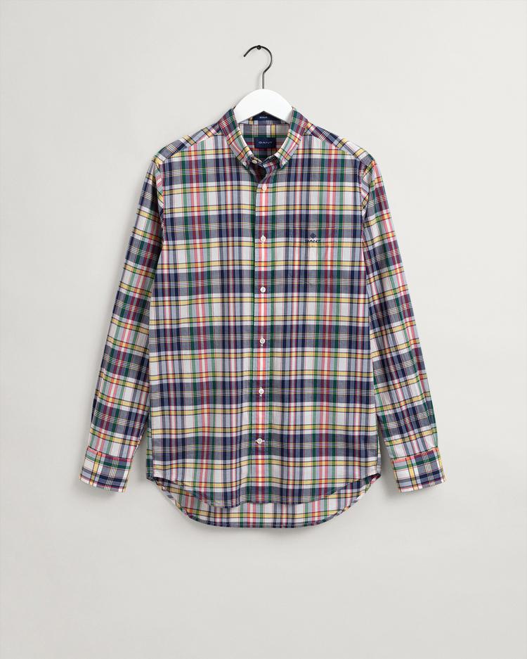 Męska beżowa koszula w kratę z kołnierzykiem button-down o regularnym kroju
