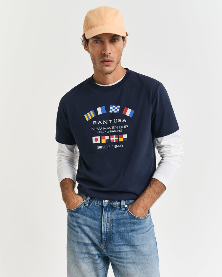 T-shirt męski z nadrukiem okrągły kołnierzyk regular fit granatowy