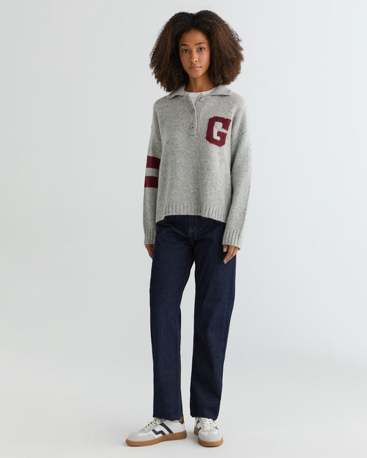 Sweter damski z nadrukiem z kołnierzem koszulowym oversize fit szary