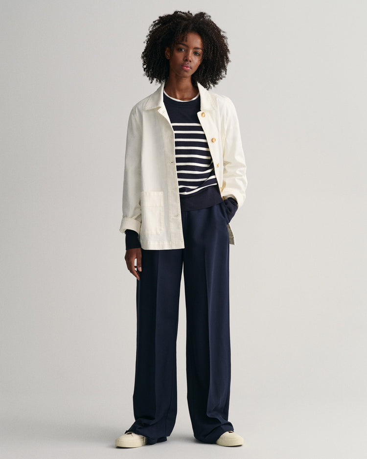 Bawełniany sweter damski w paski regular fit granatowy