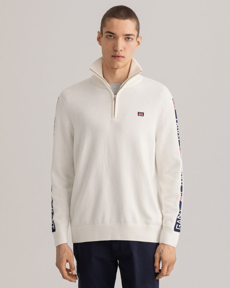 Męski biały sweter regular fit half-zip z logo