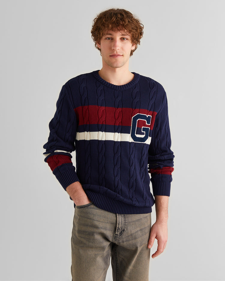 Bawełniany sweter męski w paski relaxed fit granatowy