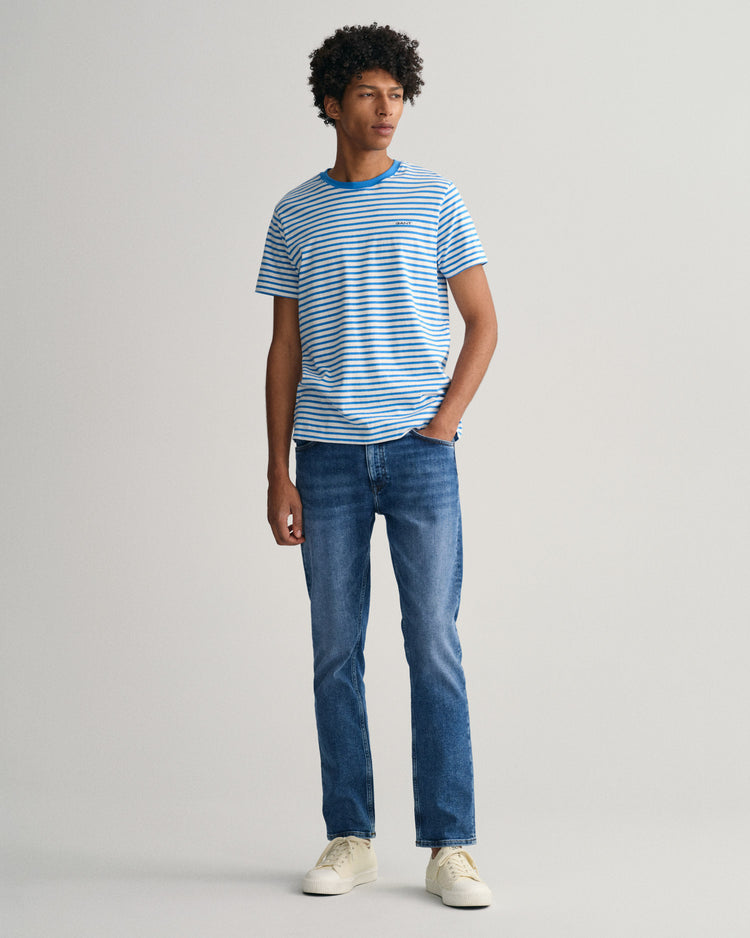 Bawełniana koszulka męska w paski, z krótkim rękawem i okrągłym kołnierzykiem regular fit