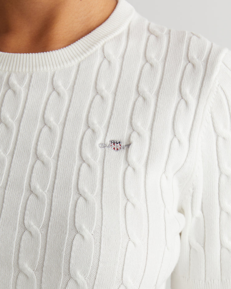 Sweter damski okrągły kołnierzyk z krótkim rękawem slim fit biały