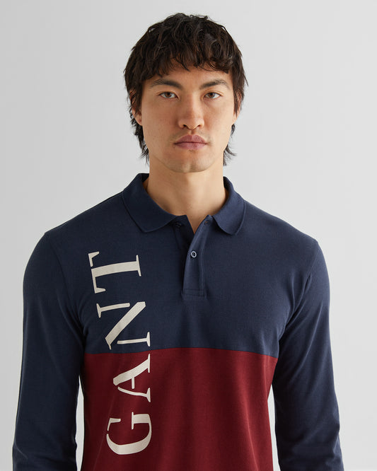 Polo męska z nadrukiem z długim rękawem regular fit granatowa