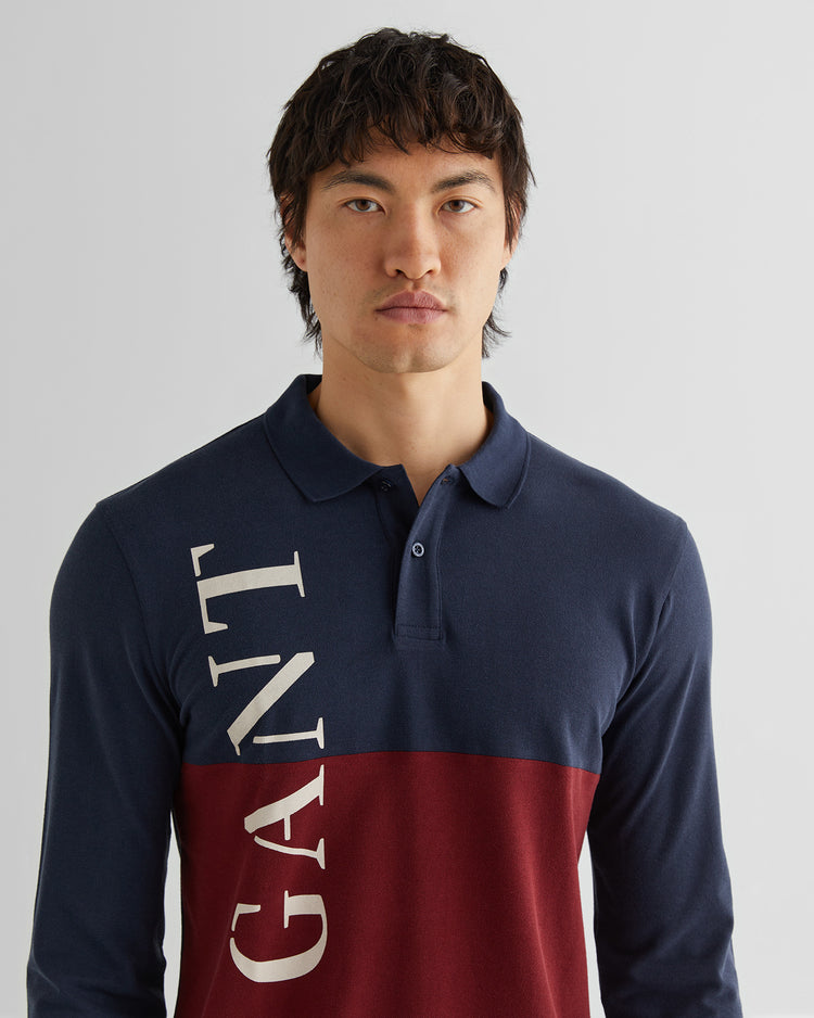 Polo męska z nadrukiem z długim rękawem regular fit granatowa