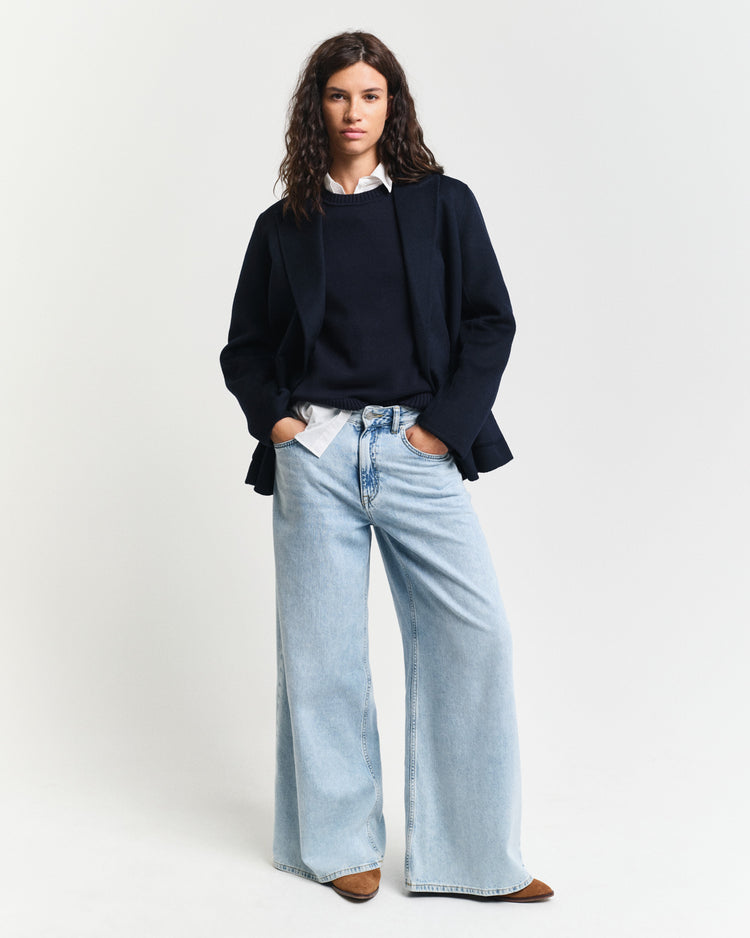 Bawełniany sweter damski okrągły kołnierzyk regular fit granatowy