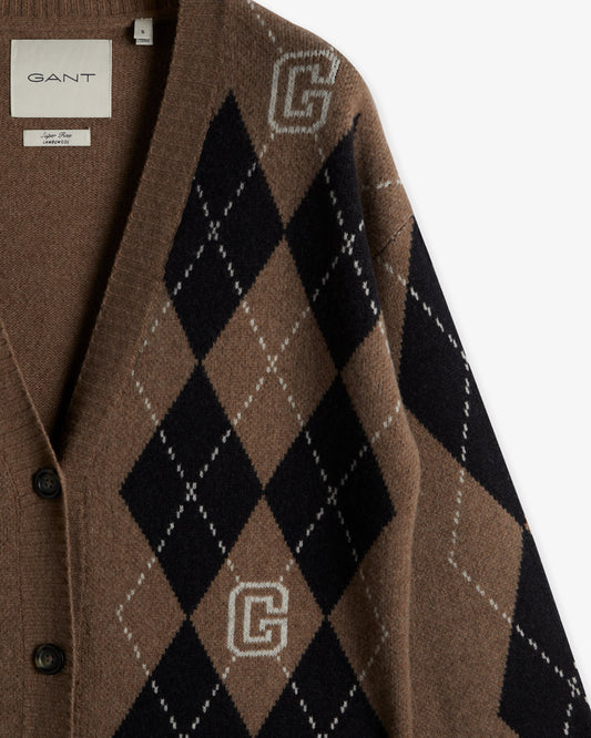 Długi kardigan z wzorem Argyle z dekoltem V