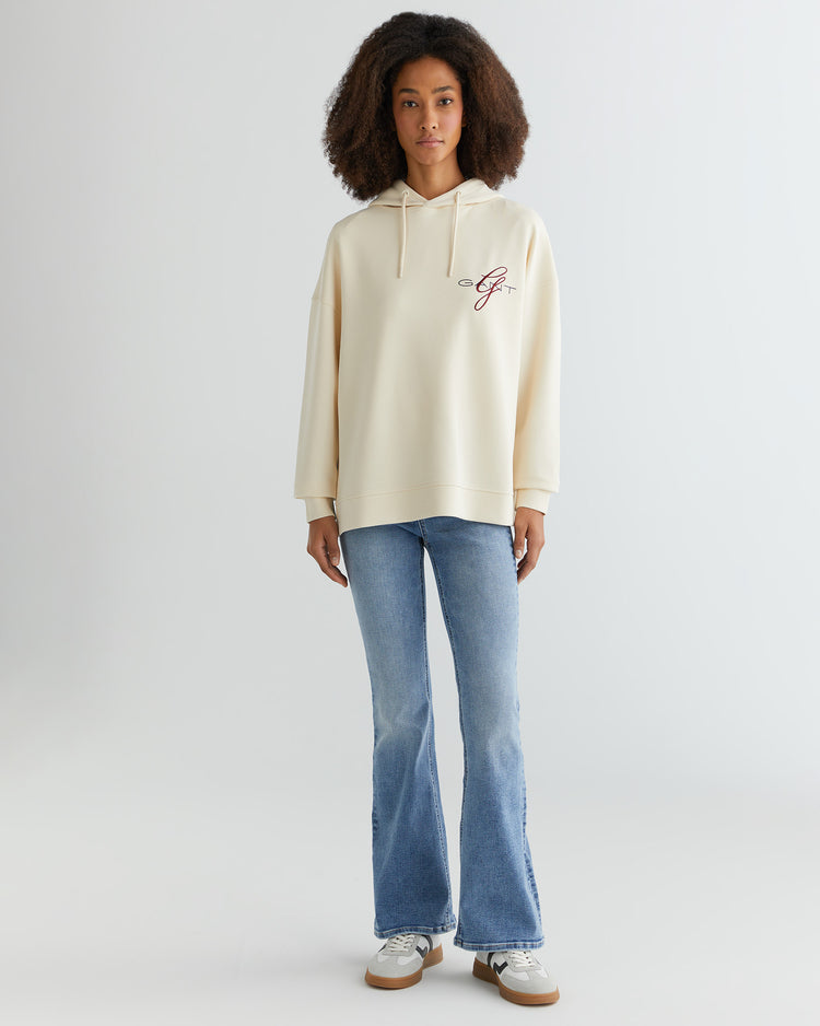 Bluza damska z nadrukiem z kapturem oversize fit kremowa