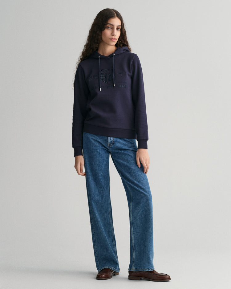 Bluza damska z nadrukiem z kapturem regular fit granatowa