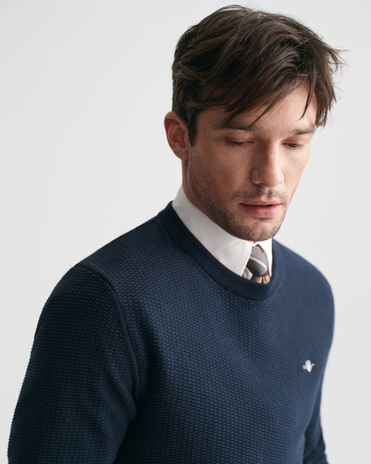 Bawełniany sweter męski okrągły kołnierzyk regular fit granatowy