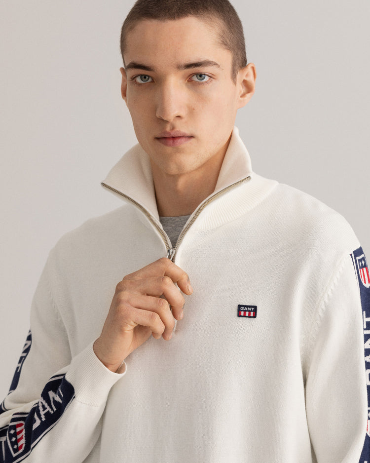 Męski biały sweter regular fit half-zip z logo
