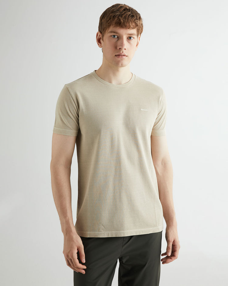 Bawełniany t-shirt męski okrągły kołnierzyk slim fit beżowy