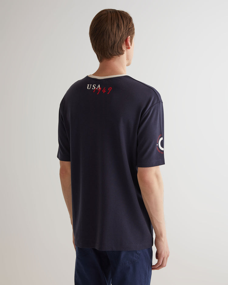 T-shirt męski z nadrukiem okrągły kołnierzyk oversize fit granatowy