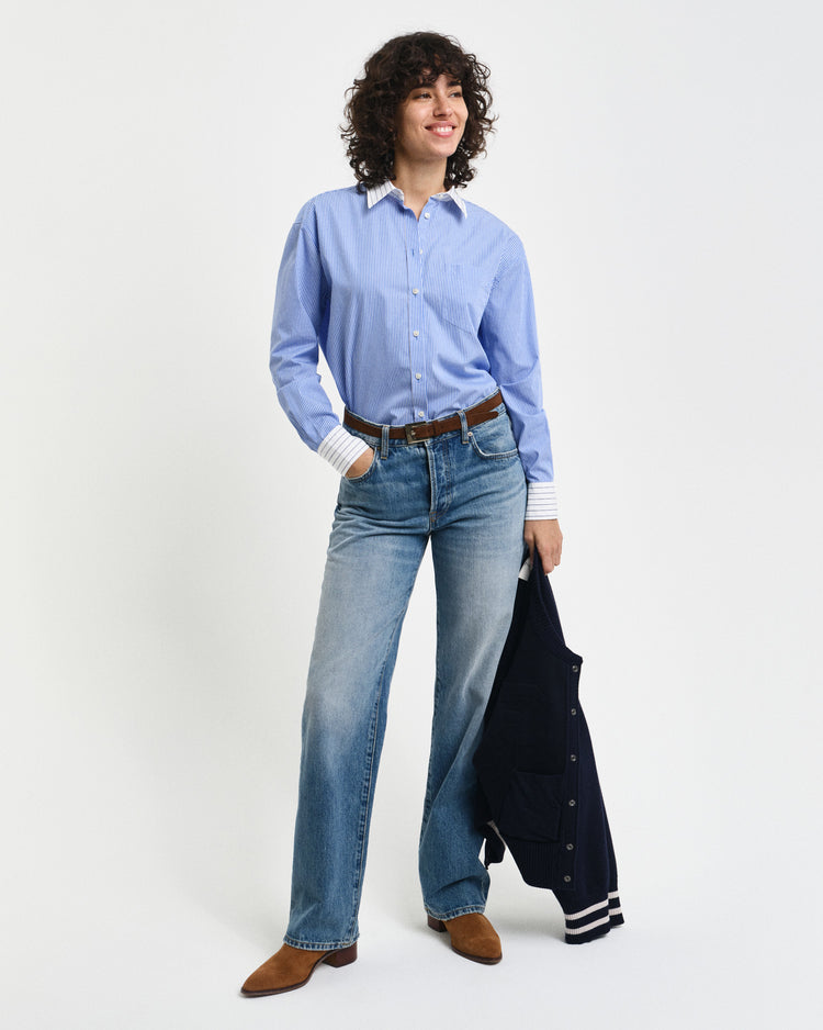 Bawełniana koszula damska w paski z długim rękawem relaxed fit