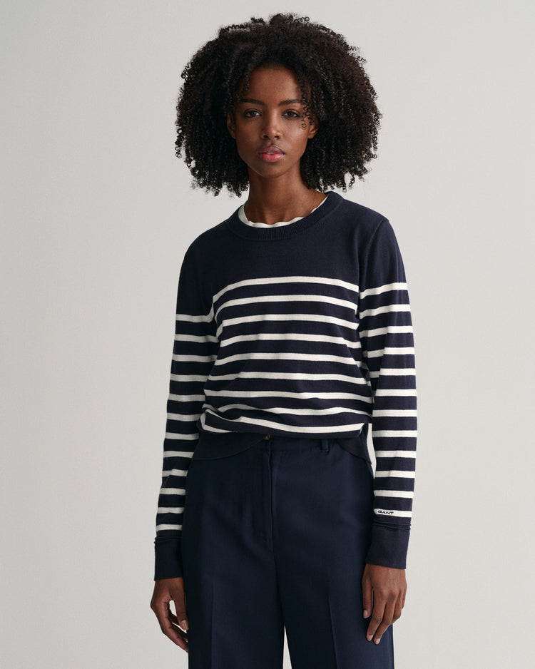 Bawełniany sweter damski w paski regular fit granatowy