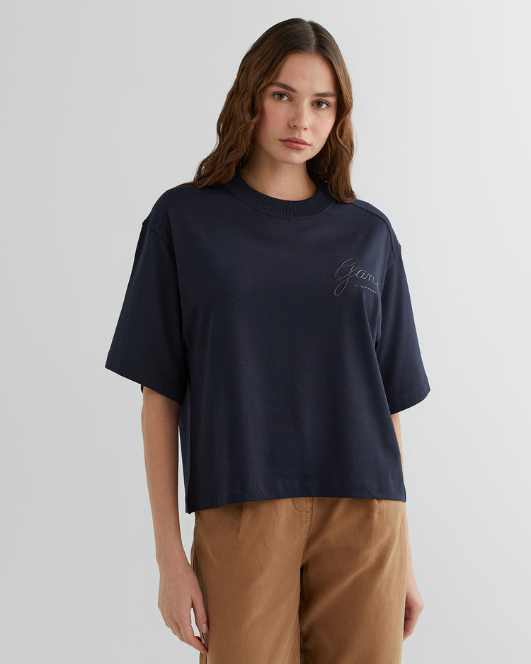 Damska granatowa koszulka relaxed fit z okrągłym dekoltem