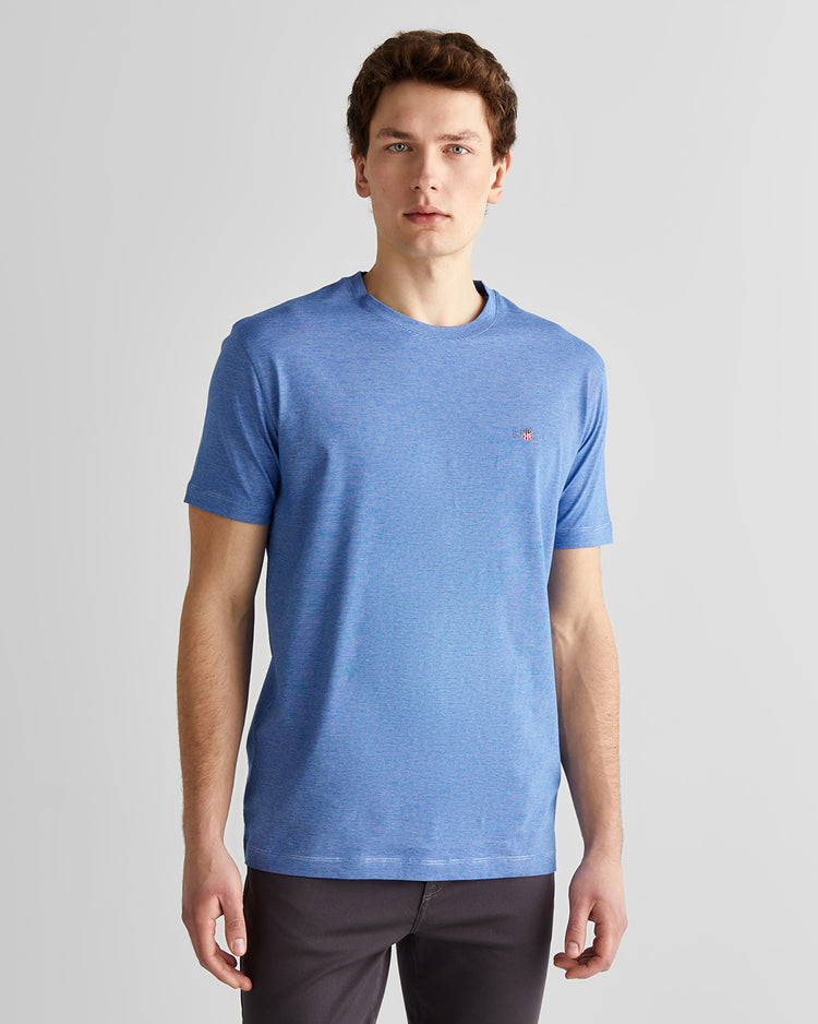 T-shirt męski w paski z okrągłym kołnierzykiem regular fit granatowy