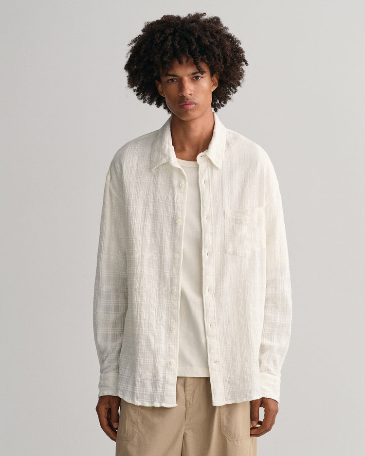 Bawełniana koszula męska w kratkę długi rękaw relaxed fit biała