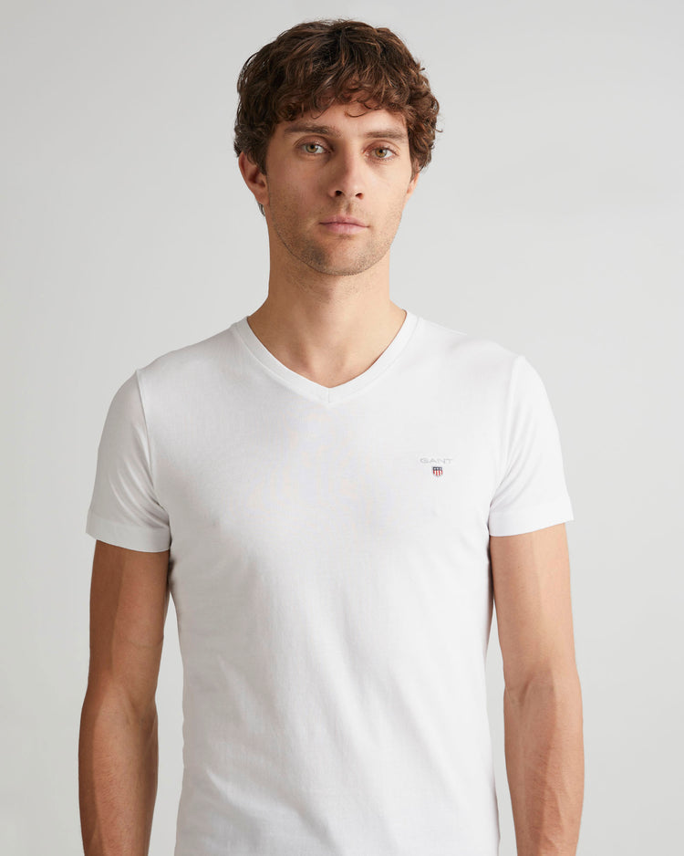 Bawełniana koszulka męska z dekoltem V slim fit biała