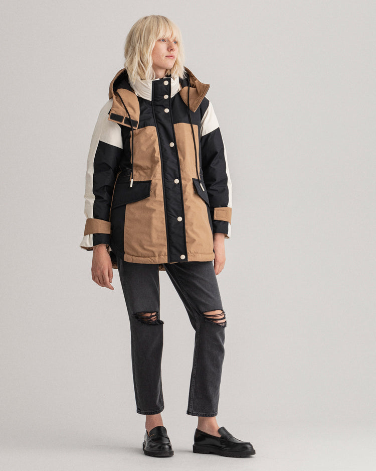 Parka damska puchowa kolorowa w kolorowe bloki