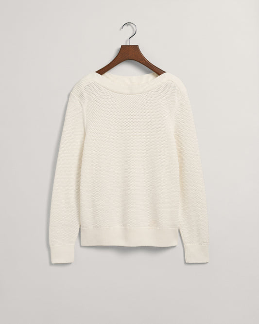 Bawełniany sweter damski z dekoltem w łódkę regular fit beżowy