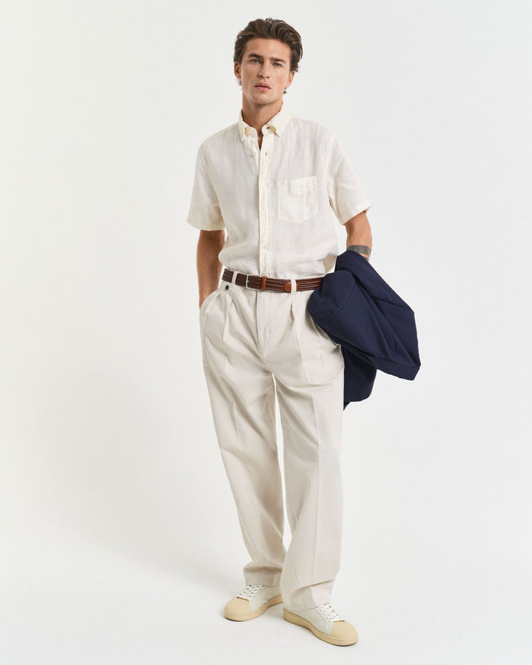 Męska beżowa lniana koszula regular fit z krótkim rękawem