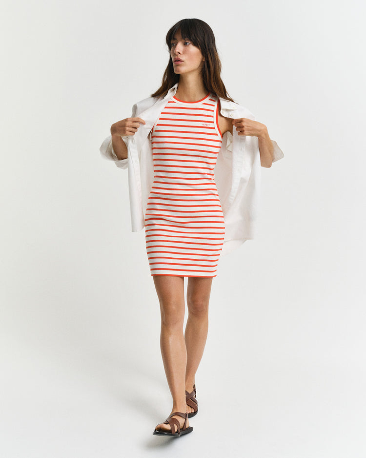 Sukienka damska w paski bez rękawów z okrągłym kołnierzykiem slim fit