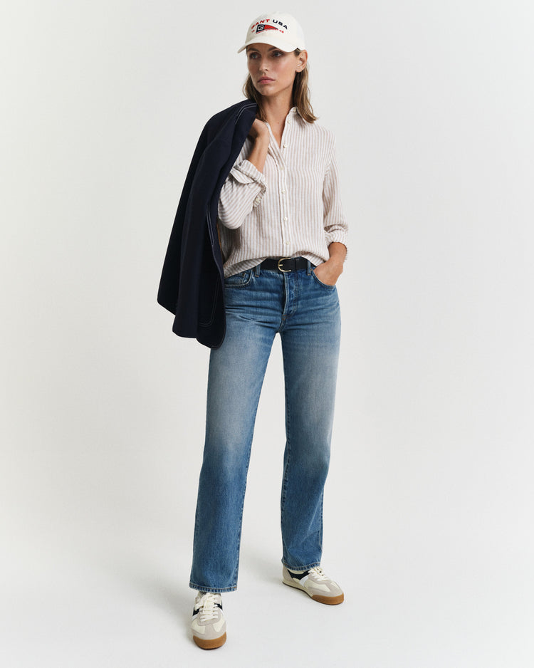 Koszula damska w paski z długim rękawem regular fit beżowa