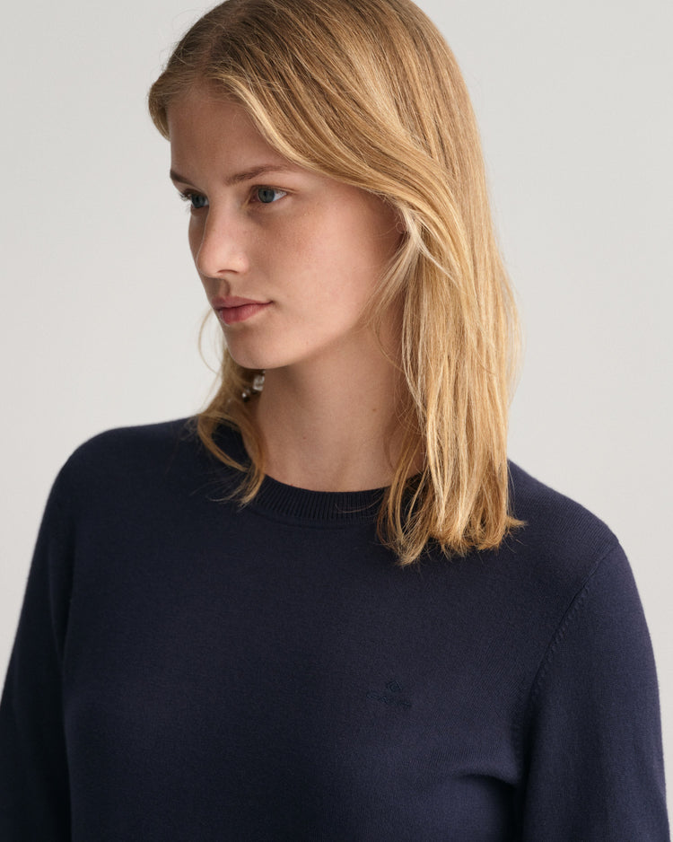 Bawełniany sweter damski z okrągłym kołnierzykiem regular fit granatowy