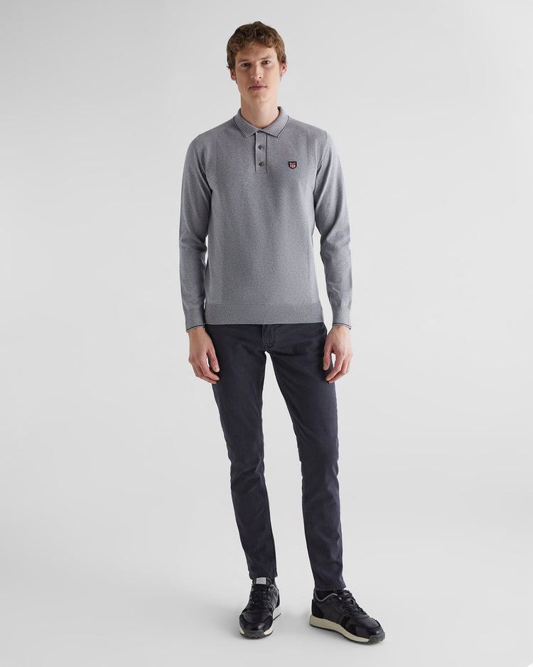 Bawełniany sweter męski z kołnierzykiem polo z długim rękawem regular fit