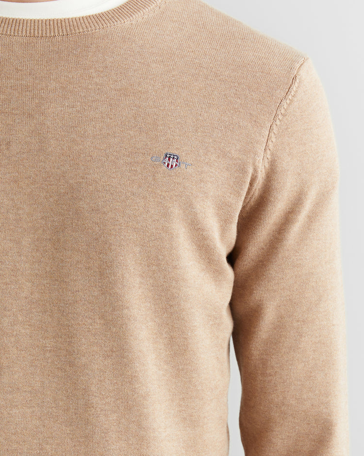 Sweter męski z okrągłym dekoltem regular fit beżowy